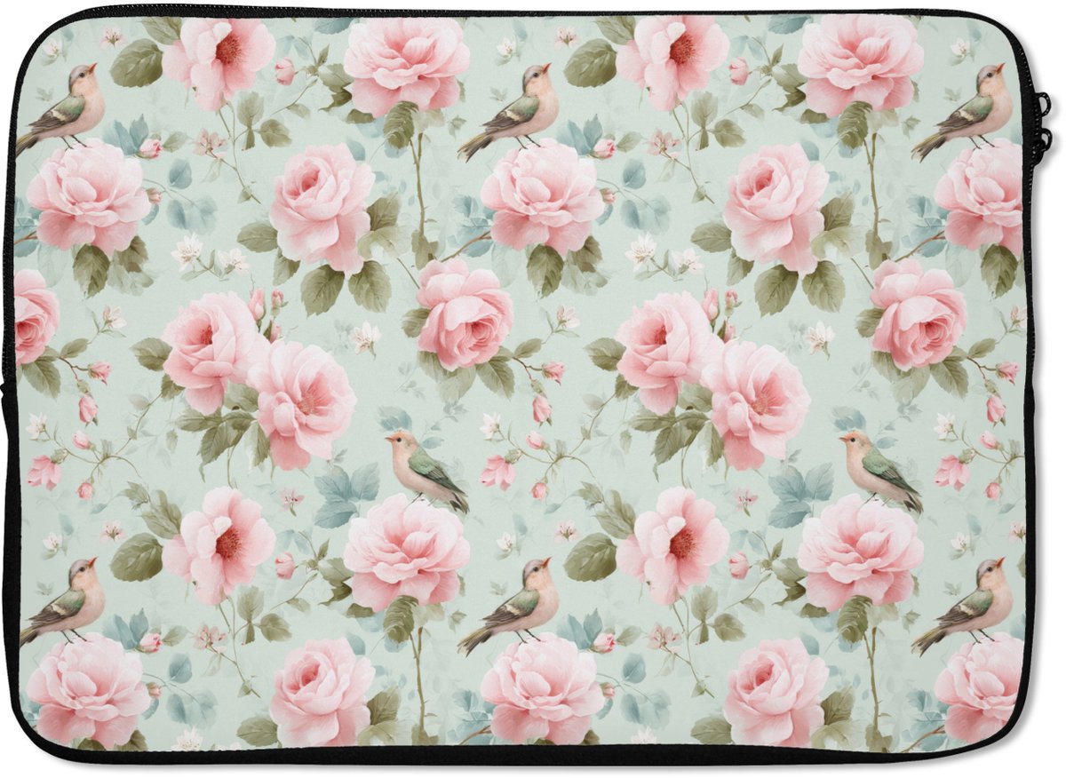 Laptophoes 13 inch - Rozen - Vogels - Pastel - Kleurrijk - Laptop sleeve - Binnenmaat 32x22,5 cm - Zwarte achterkant