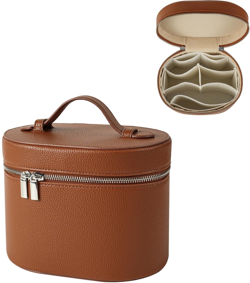 makeup tas – cosmetica koffer - Opbergetui – Handtas – 20 x 14 x 15 cm – PU – Bruin
