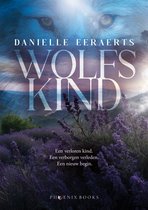 Boekcover 'Wolfskind' door Danielle Eeraerts met close-up van wolfsogen boven een lavendelveld.