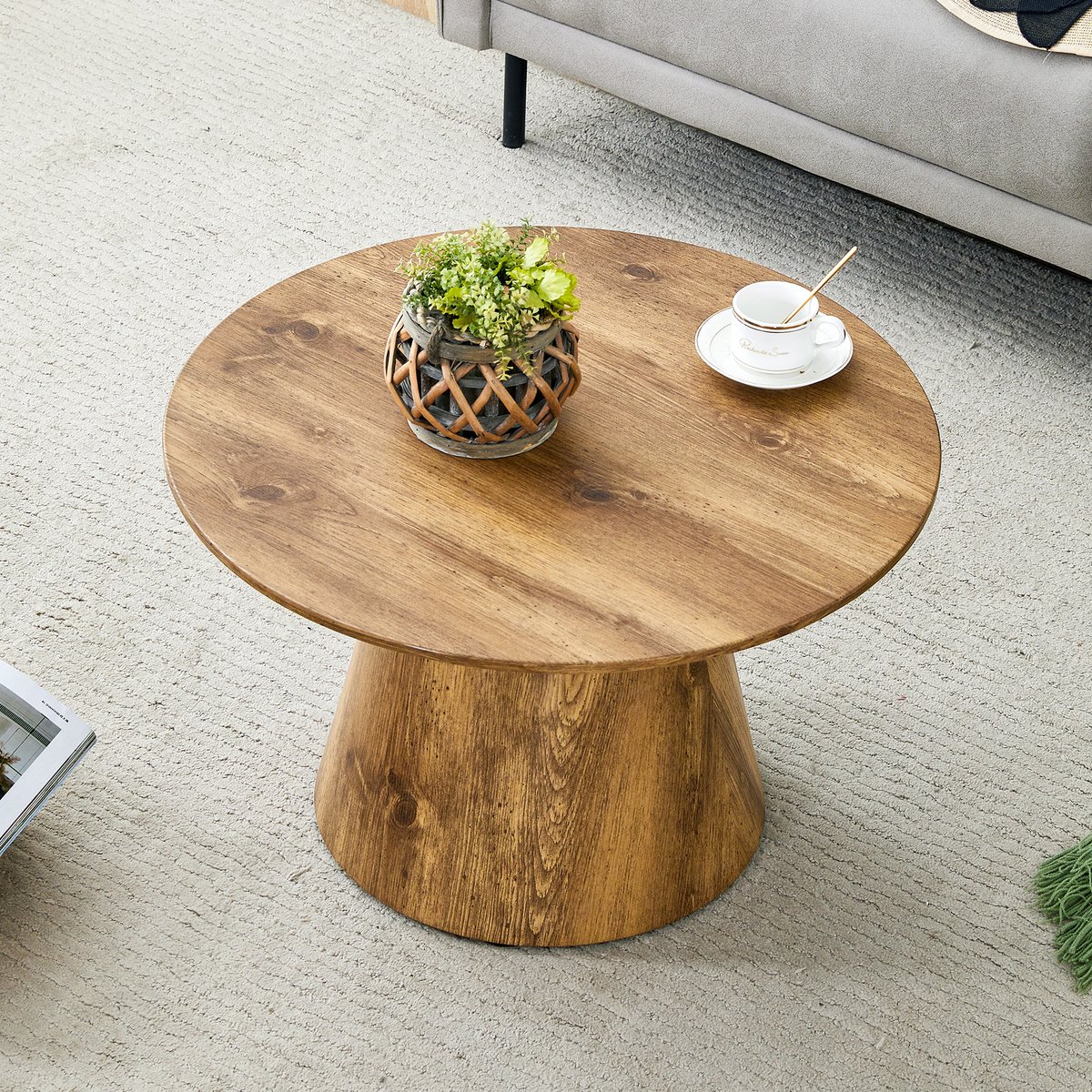 FloraGrace Salontafel - Ronde Bijzettafel In Houtlook - Voor Woonkamer Balkon En Slaapkamer - MDF - 60 x 35 Cm - Houtkleur