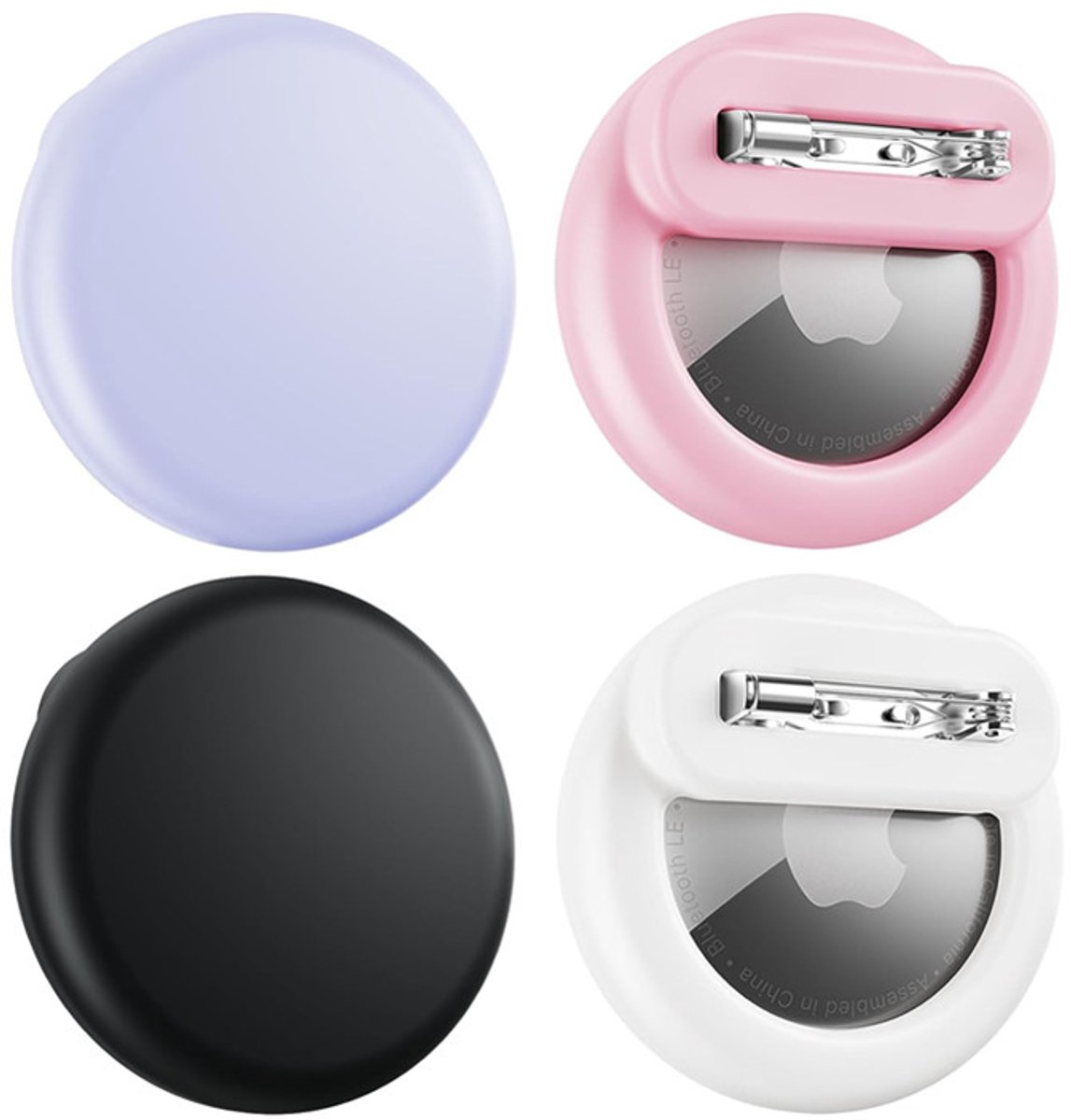 Go Go Gadget - Siliconen hoes met speld - 4-pack - Geschikt voor Airtag - Verborgen tracker case - 1 set bevat Paars, Roze, Zwart, Wit - Ronde Vorm