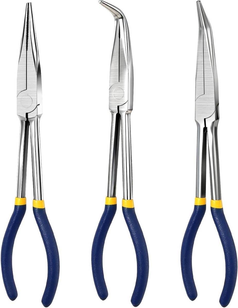 Set van 3 lange tang met rechte, gebogen en 45°/90° punten voor precisiewerk in de werkplaats