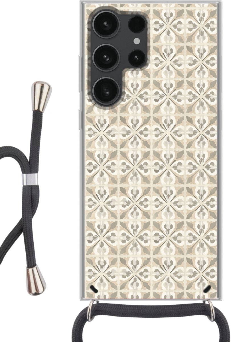 Telefoonhoesje Geschikt voor Samsung Galaxy S23 Ultra - Tegel - Motief - Beige - Siliconen - Crossbody - Backcover met Koord - Telefoonhoesje met koord - Hoesje met touw Telefoonhoesje