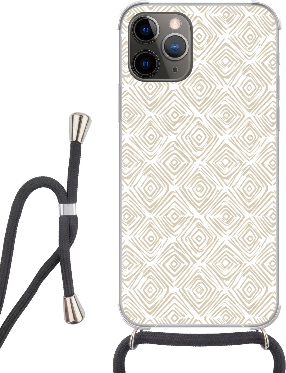 Telefoonhoesje Geschikt voor iPhone 11 Pro - Abstract - Ruit - Beige - Siliconen - Crossbody - Backcover met Koord - Telefoonhoesje met koord - Hoesje met touw Telefoonhoesje