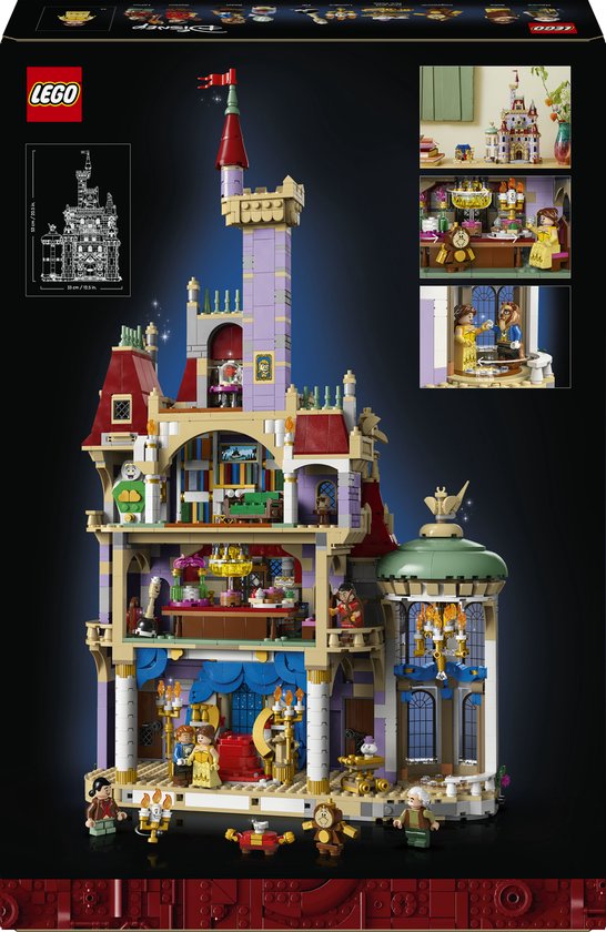 Achterkant van de LEGO Disney Belle en het Beest Kasteel 43263 verpakking, toont doorsnede van kasteel.