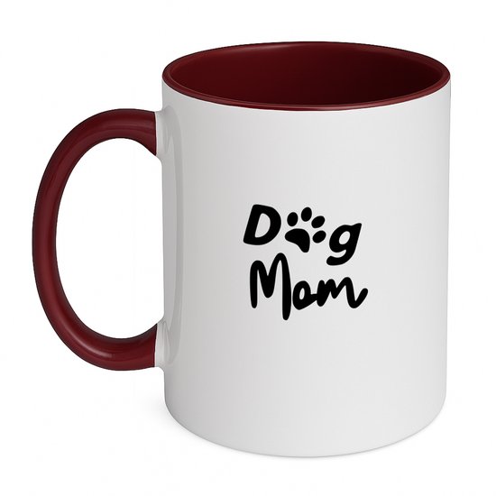 Tasse blanche avec intérieur et anse bordeaux. Texte 'Dog Mom' avec une empreinte de patte en noir.