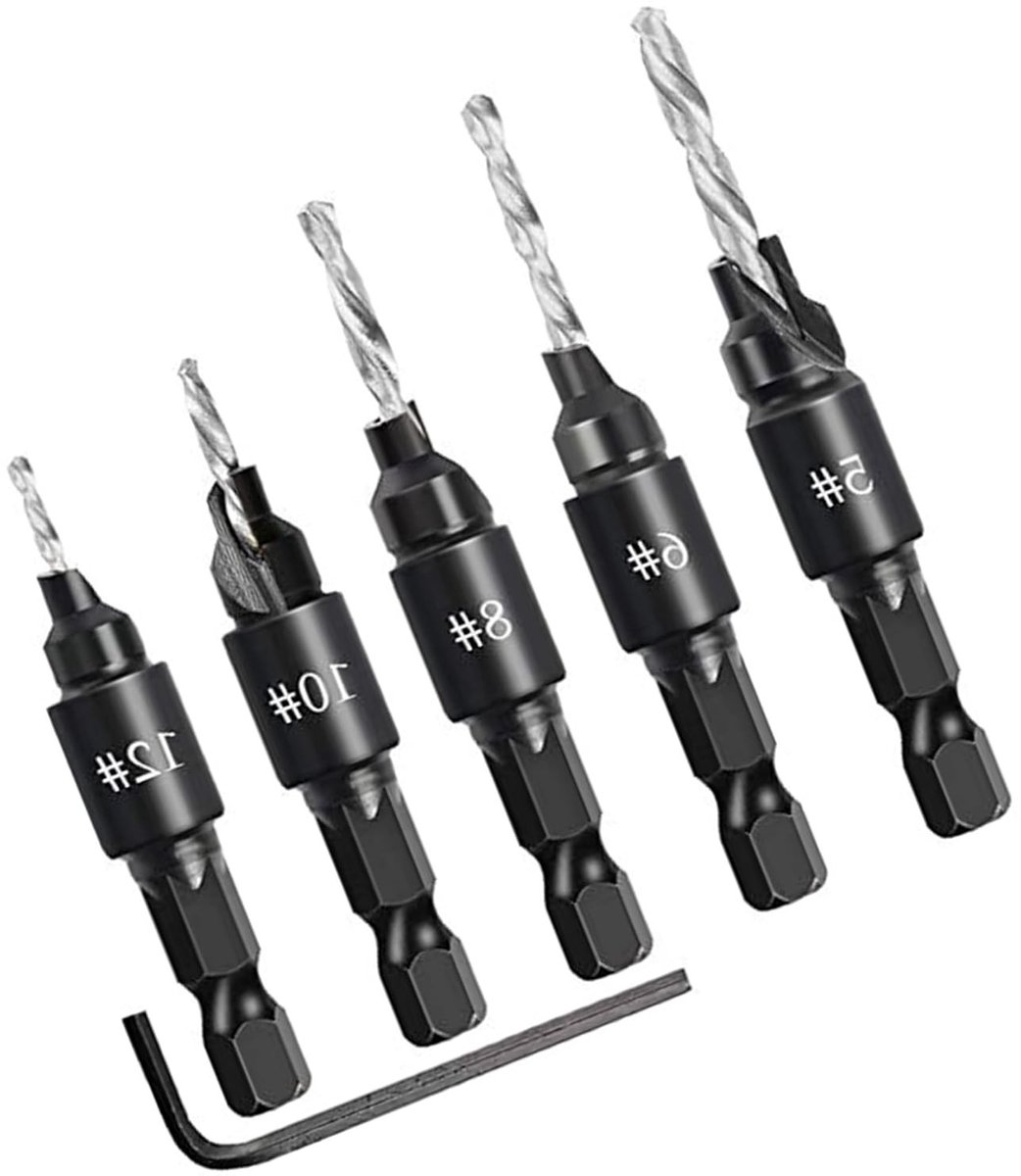 Diepte verstelbare countersink boor met hex shank en snelle release - 3-in-1 pilot bits voor houtbewerking, geschikt voor schroefgaten, 5-pack met verschillende maten