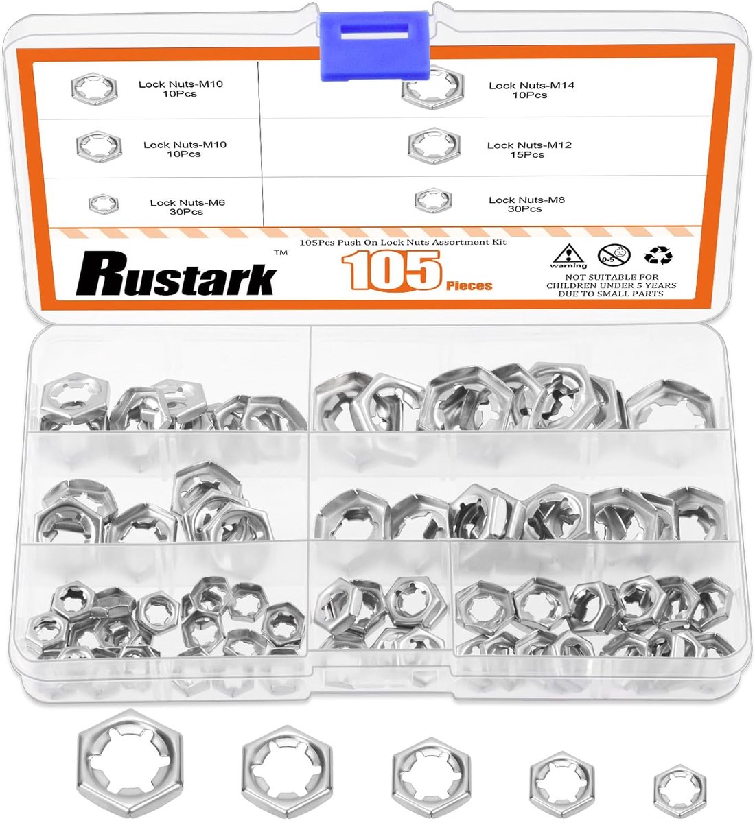 105pcs M6 M8 M10 M12 M14 304 RVS Bevestigingsringen - Zeskantige Binnen tanden - Moeren - Machine Apparatuur Assortiment Set
