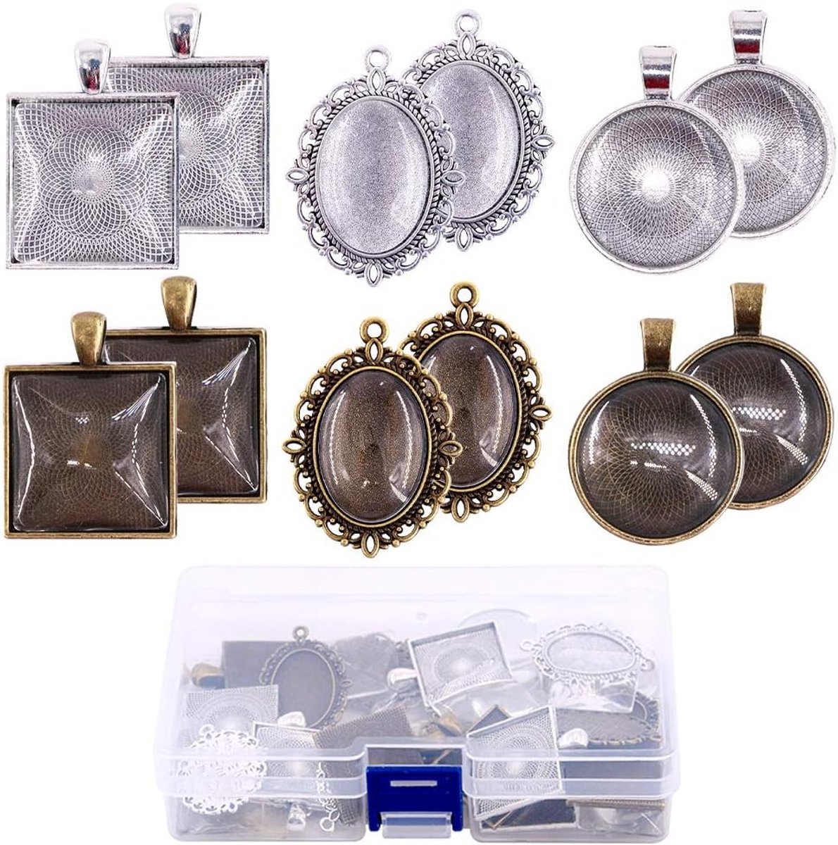 72 Stuks Ronde, Ovalen en Vierkante Hangertjes met Glazen Cabochon voor DIY Sieraden en Creatief Knutselen