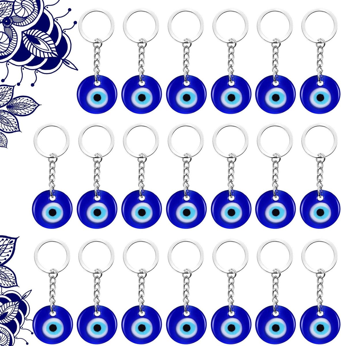 20 Stuks Turkse Blauw Oog Sleutelhanger Charms Hangers van Glas met Sleutelhanger - Geluksamulet en Sieradenaccessoires voor Bescherming en Decoratie