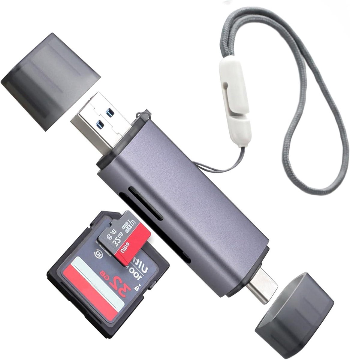 SD Kaartlezer - Geheugenkaartlezer USB C - Bestanden Overzetten - Dubbele Aansluitingen - 11.5 cm - Aluminium