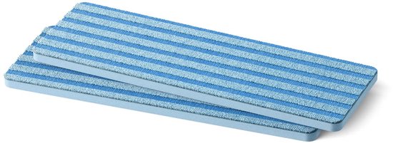 Twee blauw-witte gestreepte dweildoeken op een witte achtergrond.