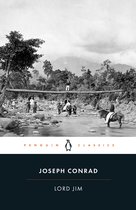 Boekcover van Lord Jim door Joseph Conrad. Zwart-wit foto van een groep mensen die een rivier oversteken via een brug van boomstammen, met een man te paard.