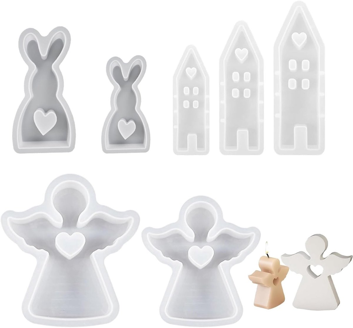 Set van 7 Siliconen Mallen voor Gips en Kaarsen, Hartvormige Engel, Cottage en Konijn, Perfect voor Kerst en Creatieve Projecten