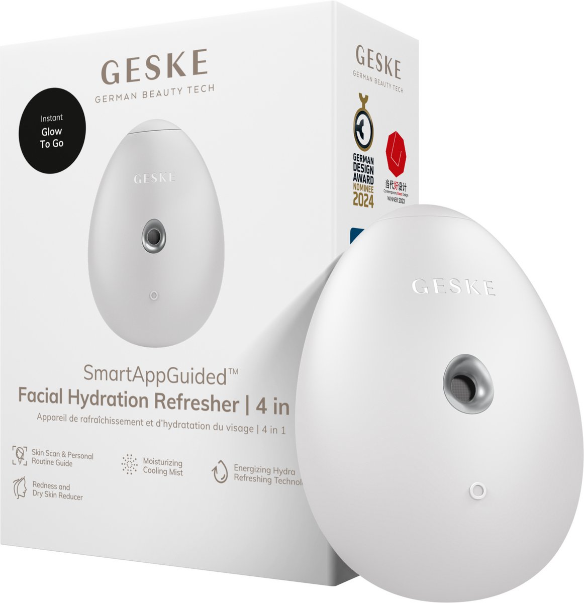 GESKE | SmartAppGuided™ Facial Hydration Refresher | 4 in 1 | Waterverstuiver | Gezichtsstomer | Waterspray | Face mist | Gezichtsreinigingsapparaat | Mist | Cosmetica | Natuurlijke glans
