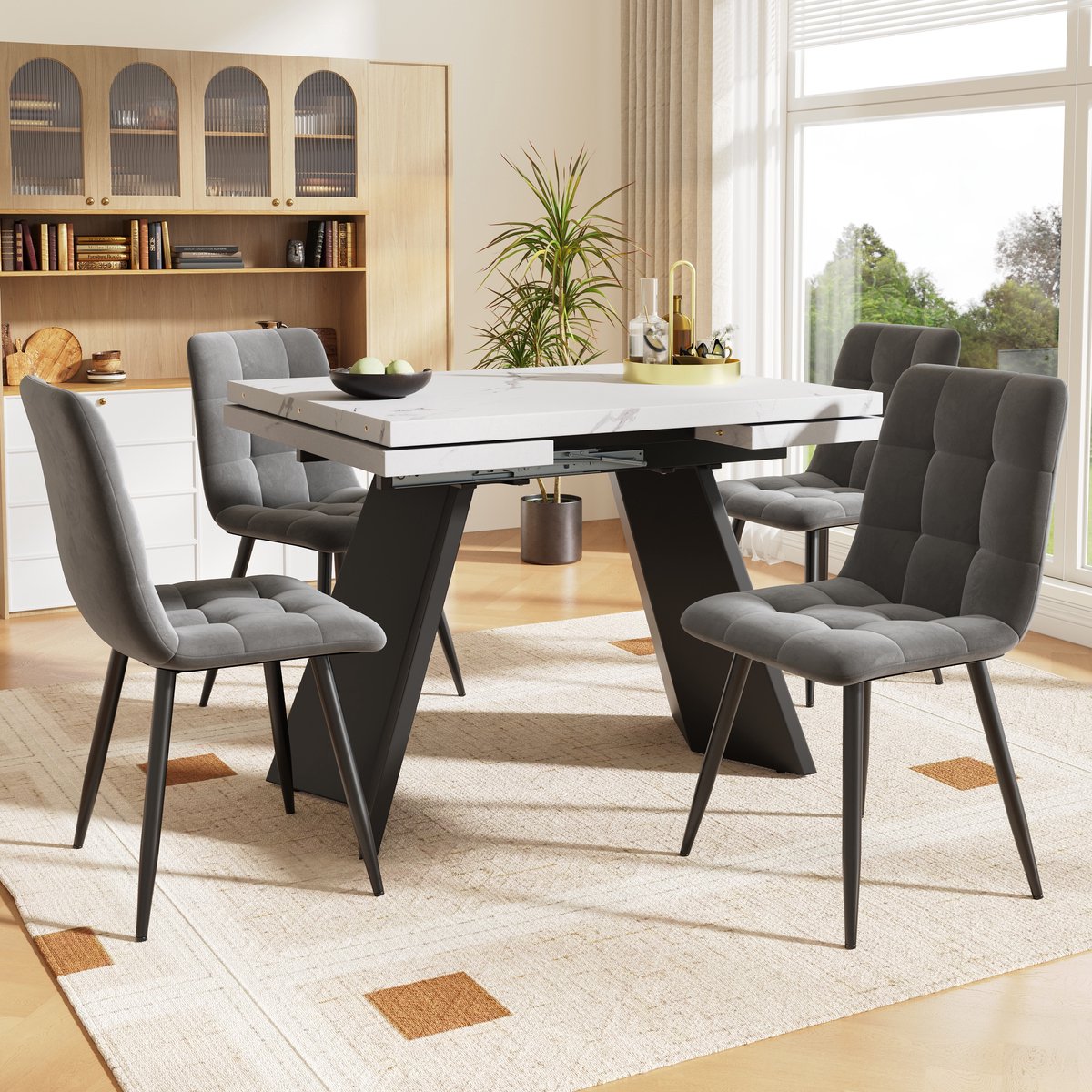 FloraGrace Eethoek 5-Delig 99-159 x 74 x 77 cm - Uitschuifbare Eettafel Met 4 Fluwelen Sto