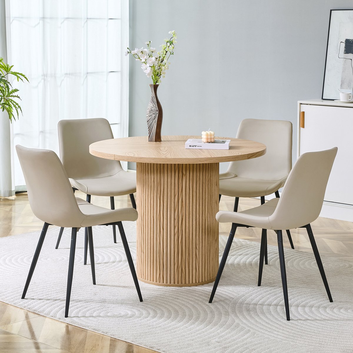 MIVRAY Eethoek 100 Cm - Ronde Eettafel Met 4 Stoelen - Voor Eetkamer En Keuken - MDF, Metaal En Kunstleer - Zwart