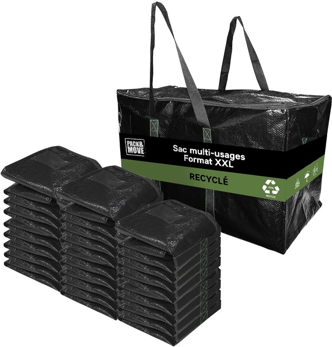 Pack and Move - Set 24 Grote Verhuistassen Gerecycled - Opberging en Transport Ultra Sterk - Herbruikbaar - Stevige Handgrepen - 100L