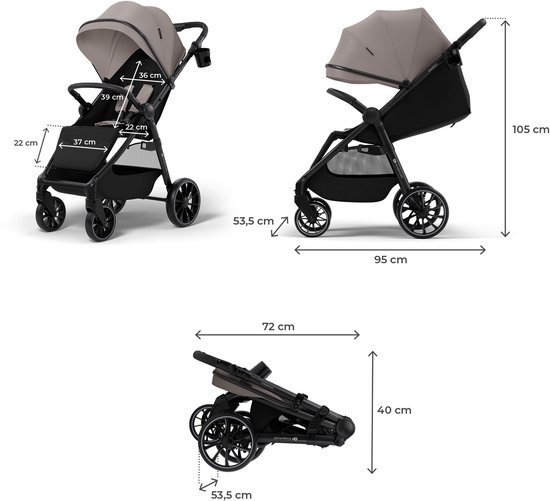 Kinderkraft GRANDE 2 Buggy - grote geveerde wielen CLICK&FOLD eenhandig inklappen vlakke ligpositie - Beige van Merkloos — afbeelding 3