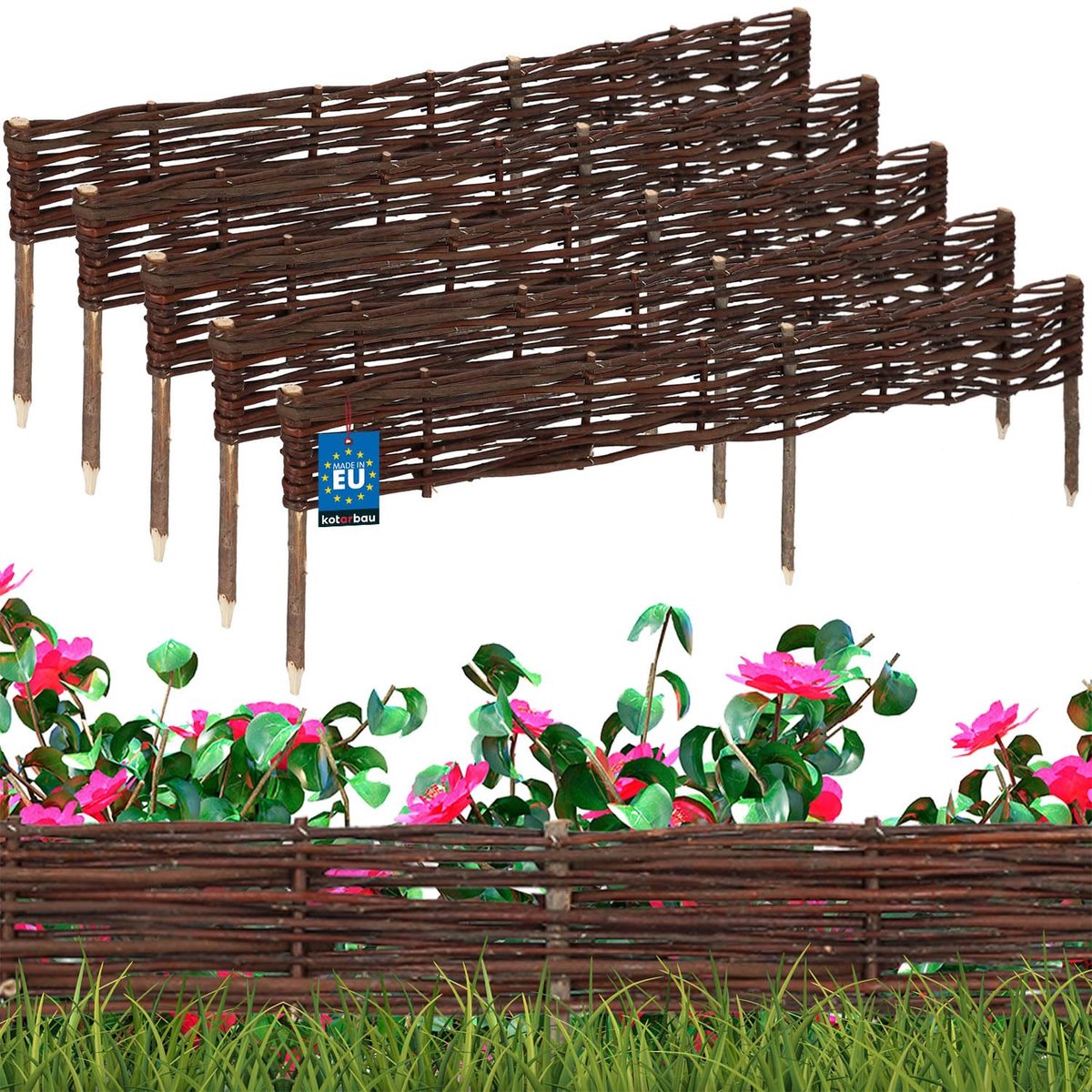 KOTARBAU® 5 st Bloembedrand, Wilgenhouten Hek, Beeteinfassing, 120 x 10 cm, Bruin, Tuinafscheiding, Houten Tuinhek, Schapenhek