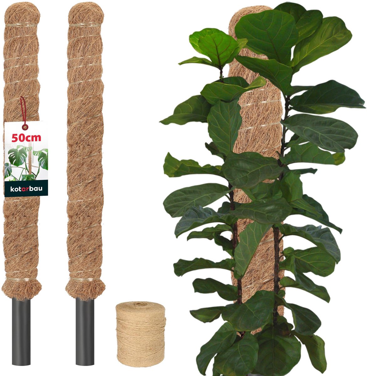 KOTARBAU® 2 st Kokosstok, Plantenstok, ⌀ 2,5 x 50 cm, Kokosstaaf, Klimhulp Monstera, Bruin, Kokosvezel, Klimhulp, Plantenstaaf, Kokosstok voor Monstera, Kokosstaaf voor Klimplanten