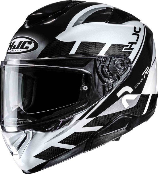 HJC RPHA 72 helm in zwart, wit en zilver met een gestroomlijnd patroon.