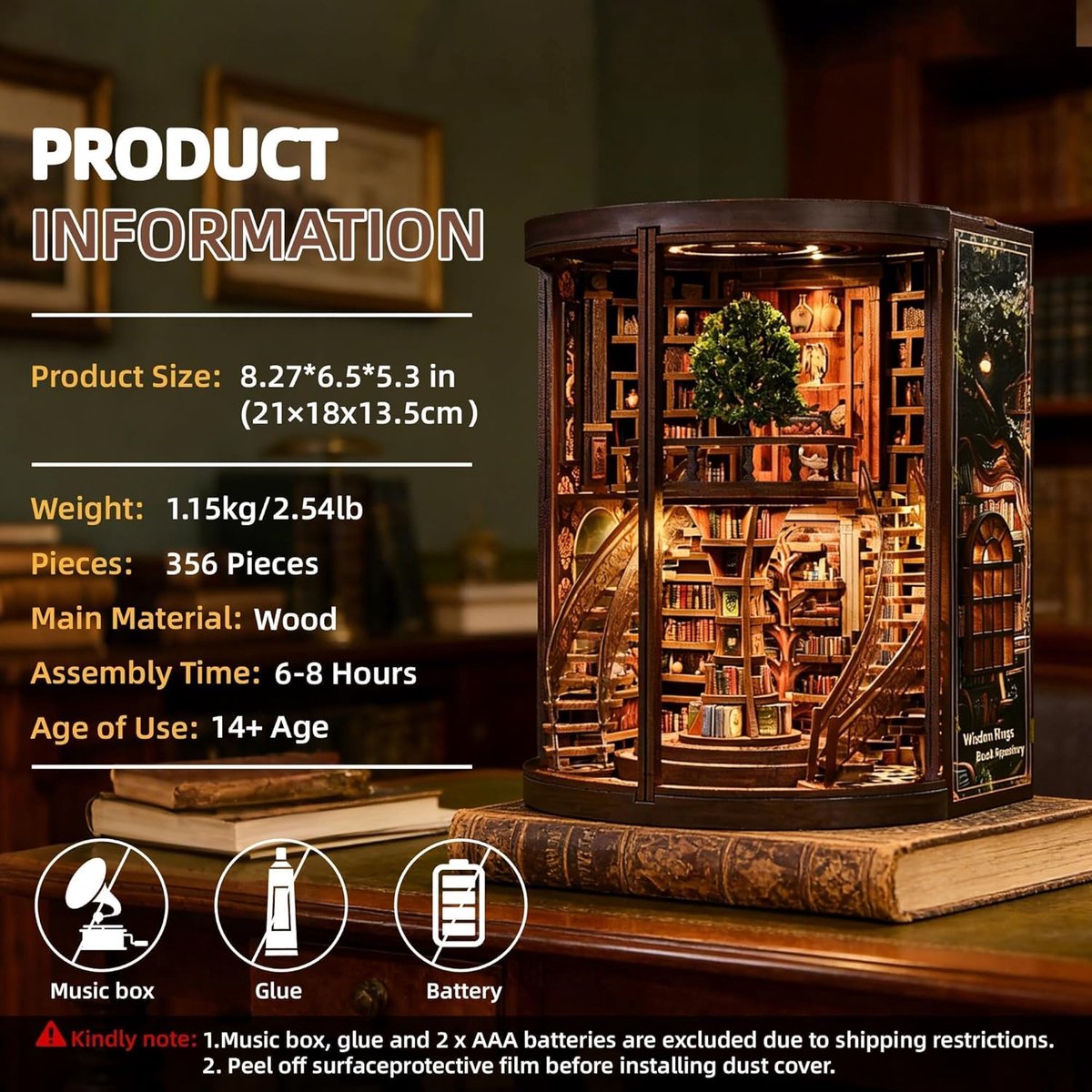 Miniatuur Bouwpakket-DIY Book Nook Kit-DIY Miniatuur Boekenkast met LED & Deur – Houten 3D Puzzel Bibliotheek – Touch Verlichting – Decoratie & Cadeau voor Volwassenen — afbeelding 2