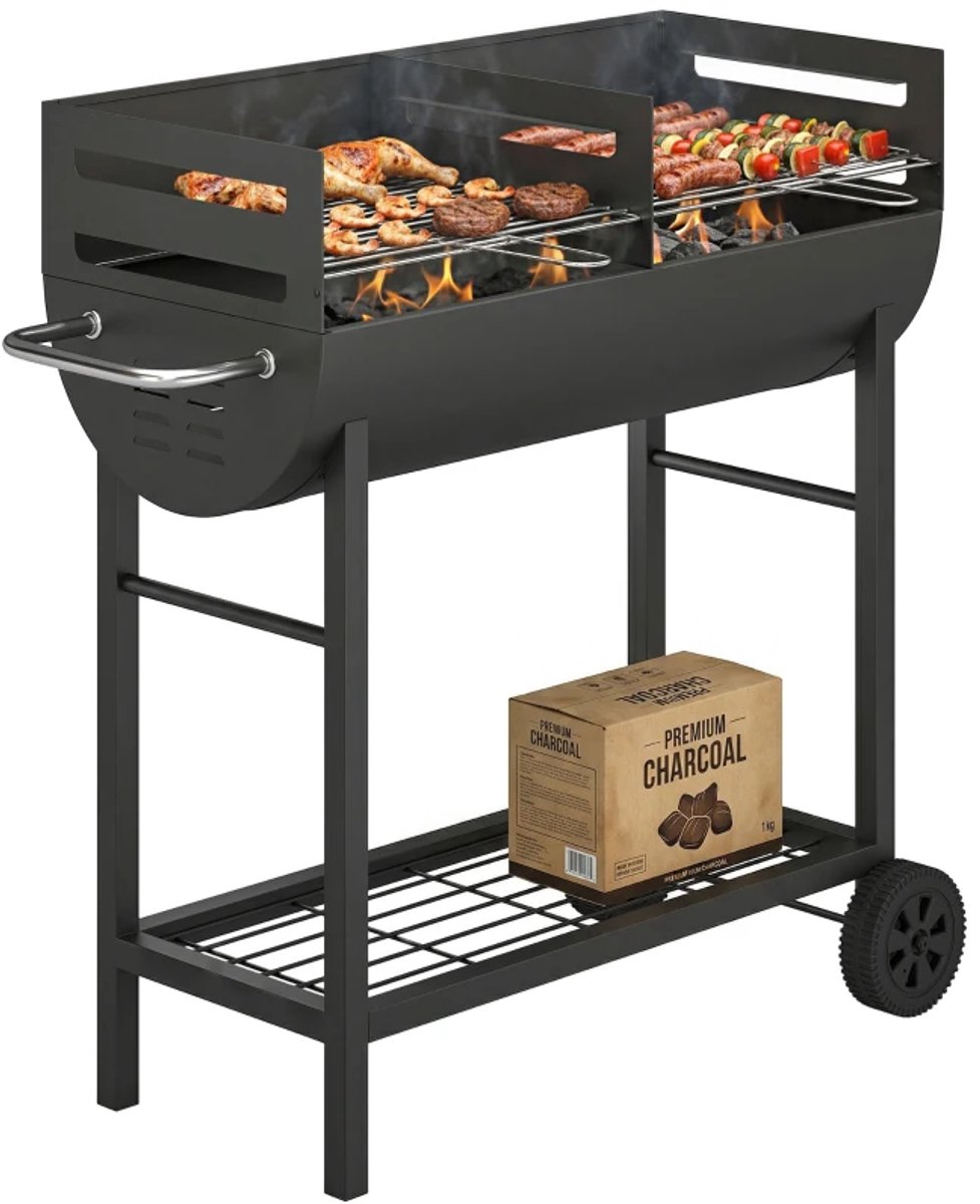 Premie Houtskool Barbecue - Smoker Barbecue met 2 Grillzones - in Hoogte Verstelbaar - Barbecuegrill - Grillwagen - Grillrooster - Houtskoolgrill met Wielen & Handgreep - BBQ voor buiten, tuin - Zwart