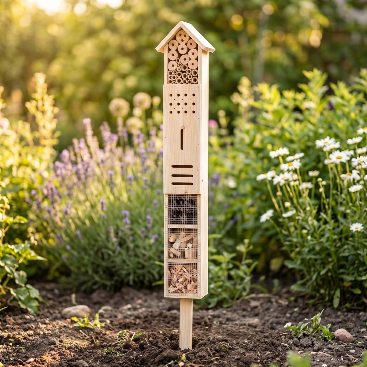 Cheqo® Insectenhotel XXL - Bijenhotel - Insectenhuis voor Tuin - Vlinderhotel - Groot Houten Insectenhotel op Paal - Nestkast voor Bijen, Vlinders, Gaasvliegen en Lieveheersbeestjes - Weerbestendig Staand Bijenhuis met Bamboe en Dennenappels