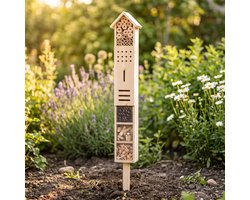 Cheqo® Insectenhotel XXL - Bijenhotel - Insectenhuis voor Tuin - Vlinderhotel - Groot Houten Insectenhotel op Paal - Nestkast voor Bijen, Vlinders, Gaasvliegen en Lieveheersbeestjes - Weerbestendig Staand Bijenhuis met Bamboe en Dennenappels