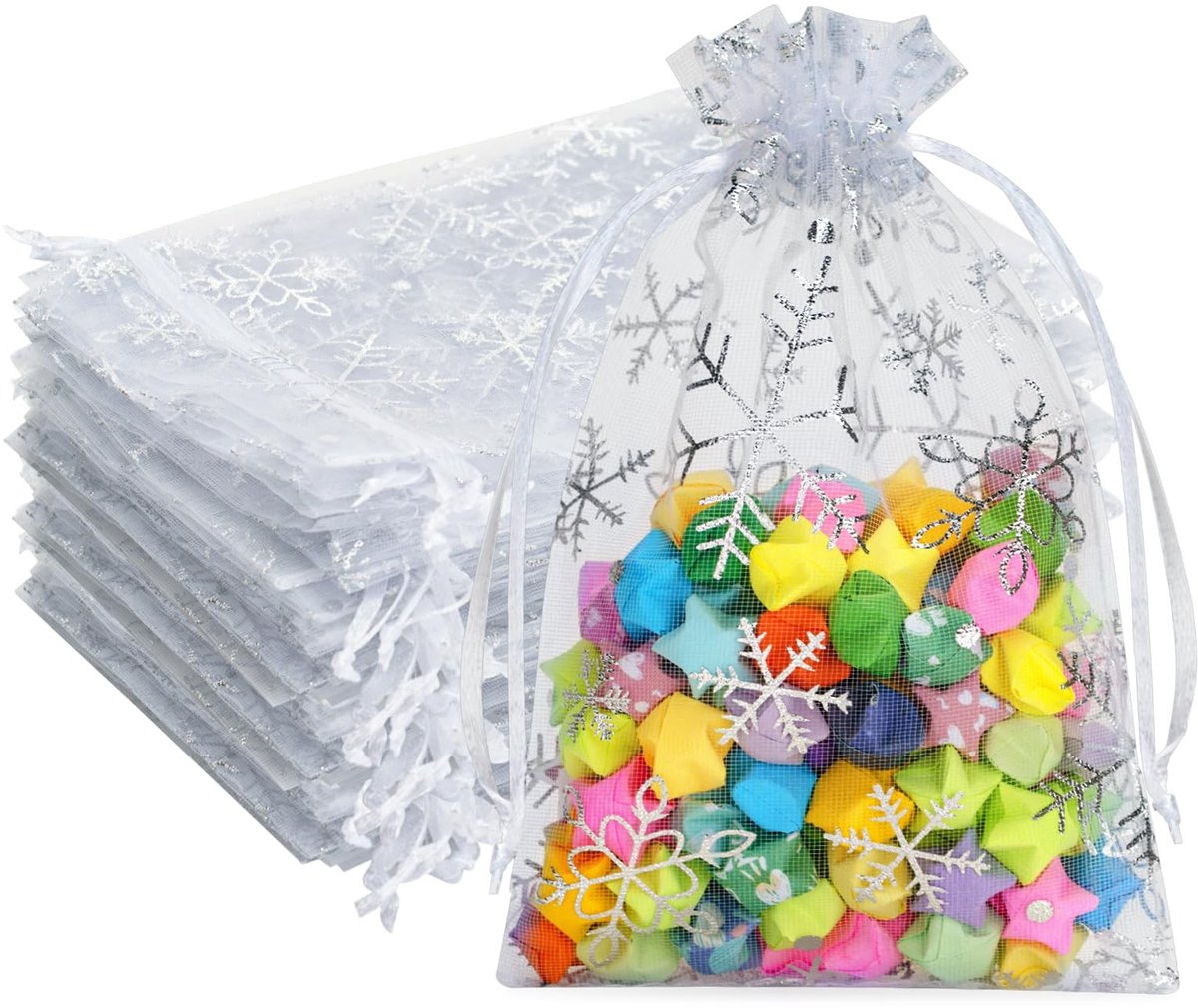 Vlemico - Organza zakjes - Kerst cadeau zakjes - Perfect voor kleine geschenken - Wit - Cadeauverpakking - Organza zakjes met sneeuwvlokken - Gesch...