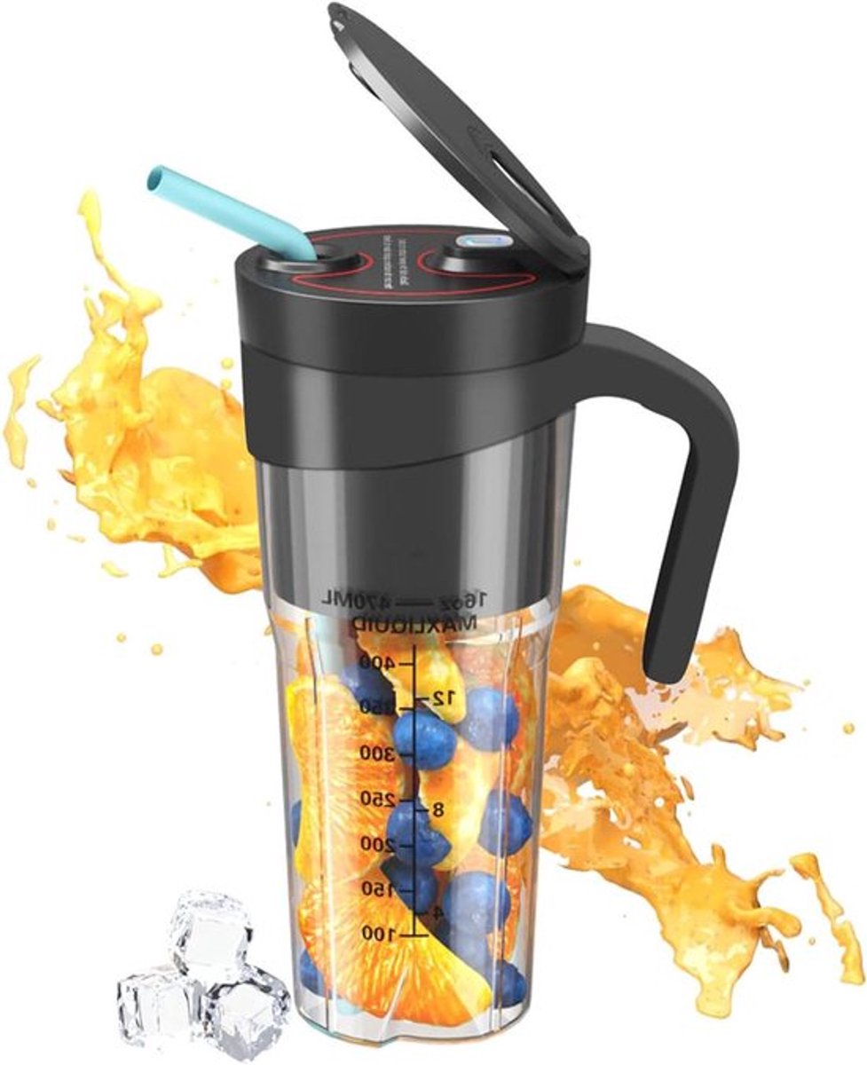 Draagbare USB Oplaadbare Blender met Stro en Schaal 470ml/16oz Waterdicht voor Fruit Groentesap LB40 Zwart