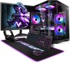 Gaming pc-set met computerkast, monitor, toetsenbord, muis en headset.