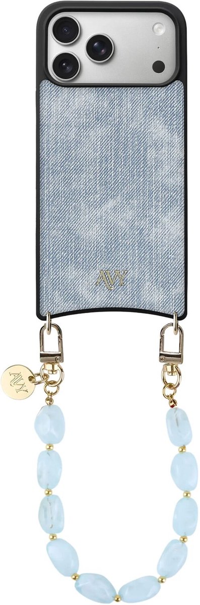 AVY Hoesje Geschikt voor Apple iPhone 17 Pro Max | Compatibel met MagSafe | Kunstleren Case met Telefoonkoord | Polsband | Denim | Rocher Blue