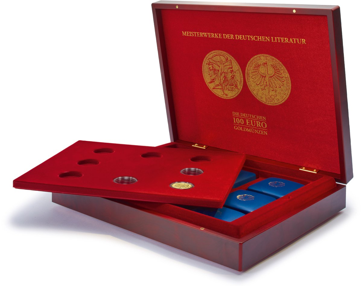 VOLTERRA - Muntkoffer - Uno - Presentatiekoffer voor 8 gouden exemplaren van 100 euro van ‘Meesterwerken van de Duitse literatuur’
