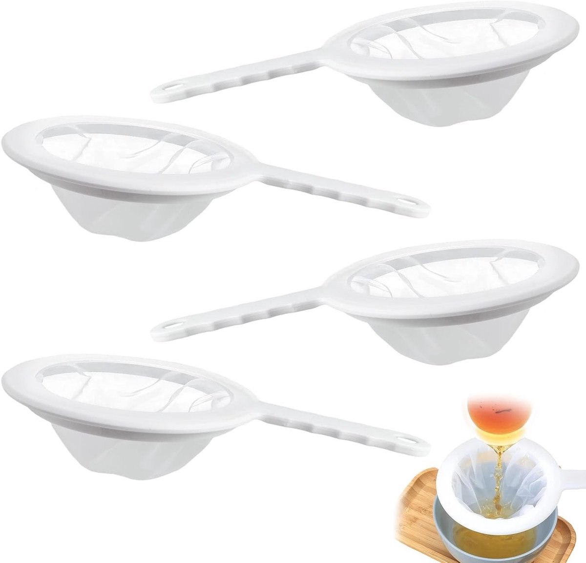 Set van 4 Herbruikbare Nylon Zeef met Lange Handgreep, Fijne Zeef voor Liqueur, Koffie en Thee, 200/300/400/450 Mesh