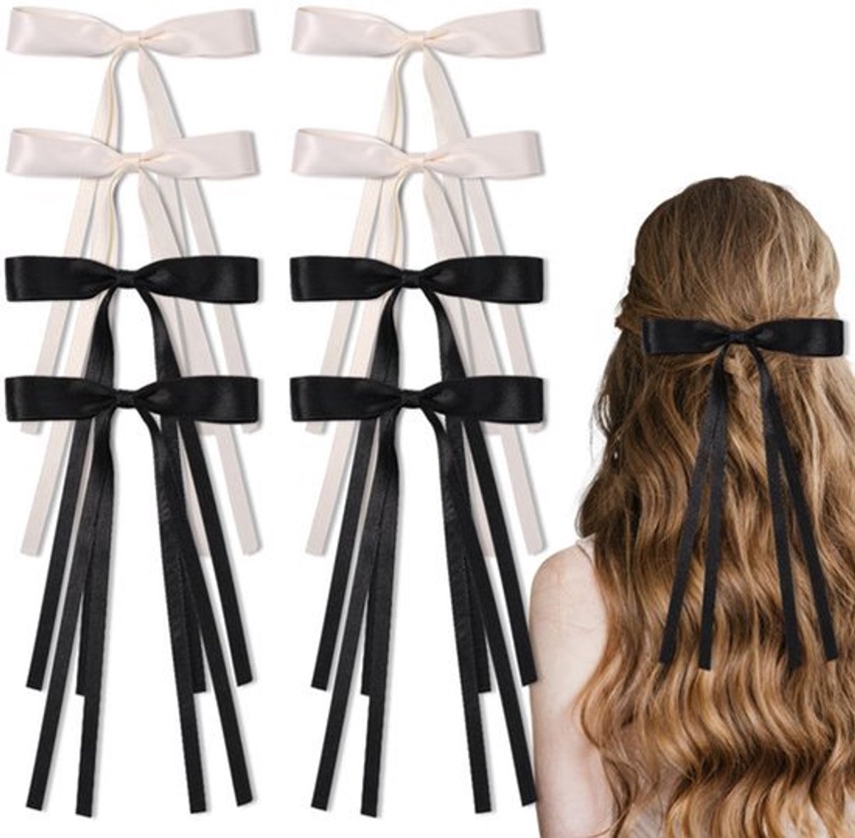 8-delige Haarclips met Strik - Lange Tassel Bows in Zwart en Beige