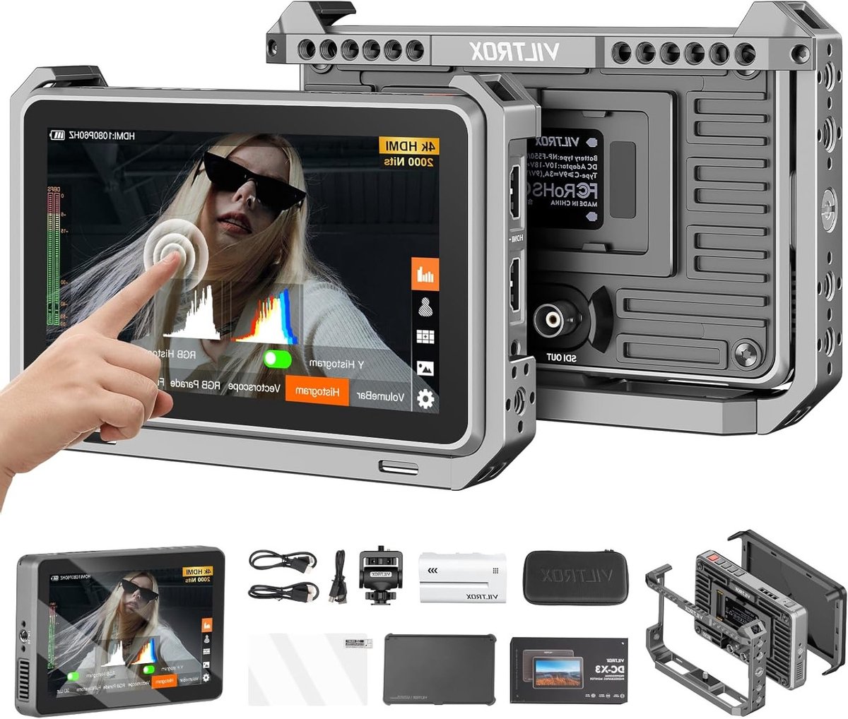 Professionele 6 Inch Touch Screen Monitor voor Camera's met 2000 Nits, 4K HDMI en 3G-SDI, Inclusief Zonnescherm en Batterij