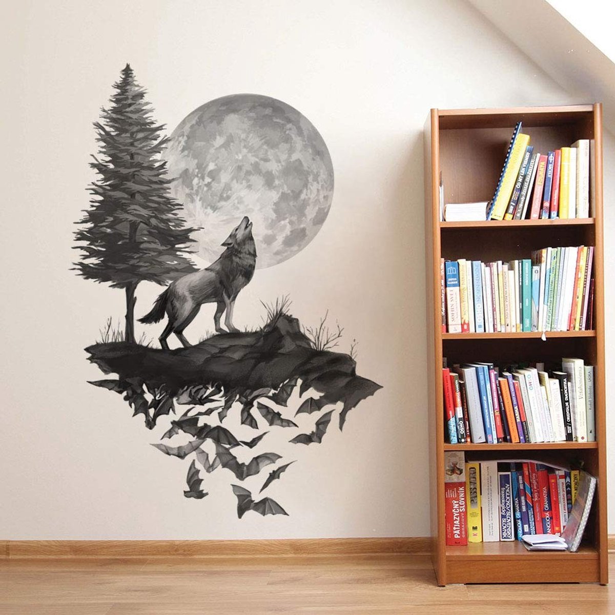 Dailygoods - Wolf Full Moon Wandsticker - Muurdecoratie - 60 x 110 cm - Vinyl - Kinderen - Premium Kwaliteit