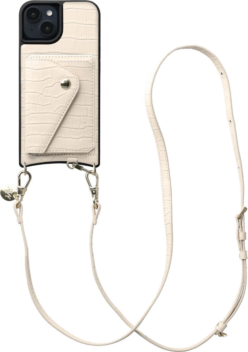 AVY Leren Hoesje geschikt voor Apple iPhone 14 / 13 | Met Koord en Kaarthouder | Compatibel met MagSafe | Leather Case met Crossbody Koord & Wallet | Long Leather | Croco Beige