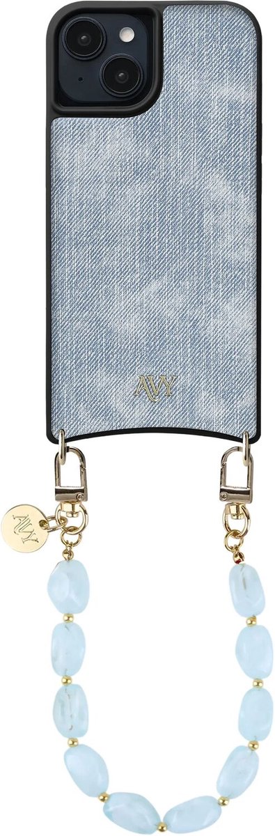 AVY Hoesje Geschikt voor Apple iPhone 14 / 13 | Compatibel met MagSafe | Kunstleren Case met Telefoonkoord | Polsband | Denim | Rocher Blue