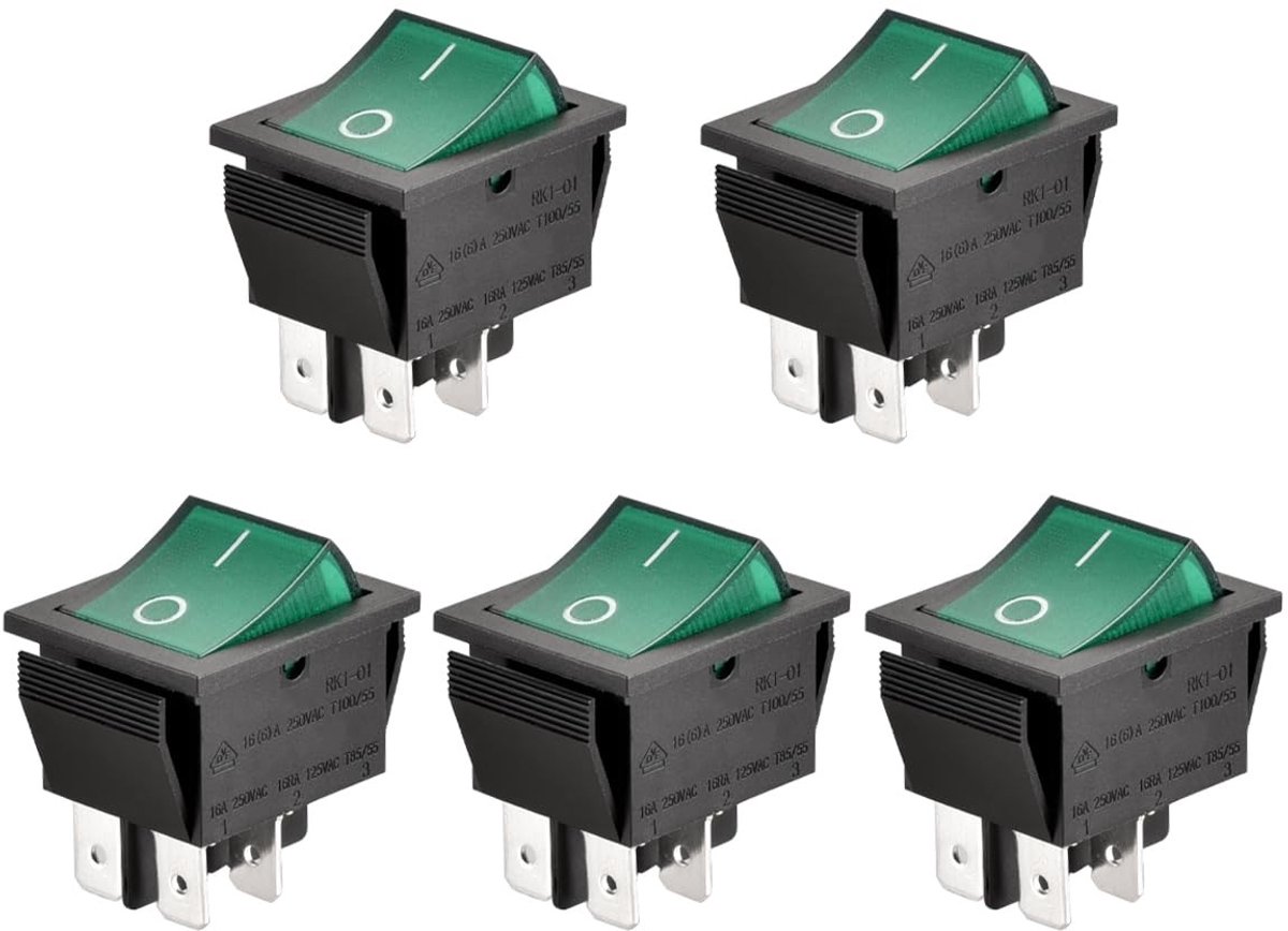 Dailygoods - Aan-uit tuimelschakelaar - 16 A 250 - Groen oplichtend - Schakelaar voor diverse toepassingen - Compact model
