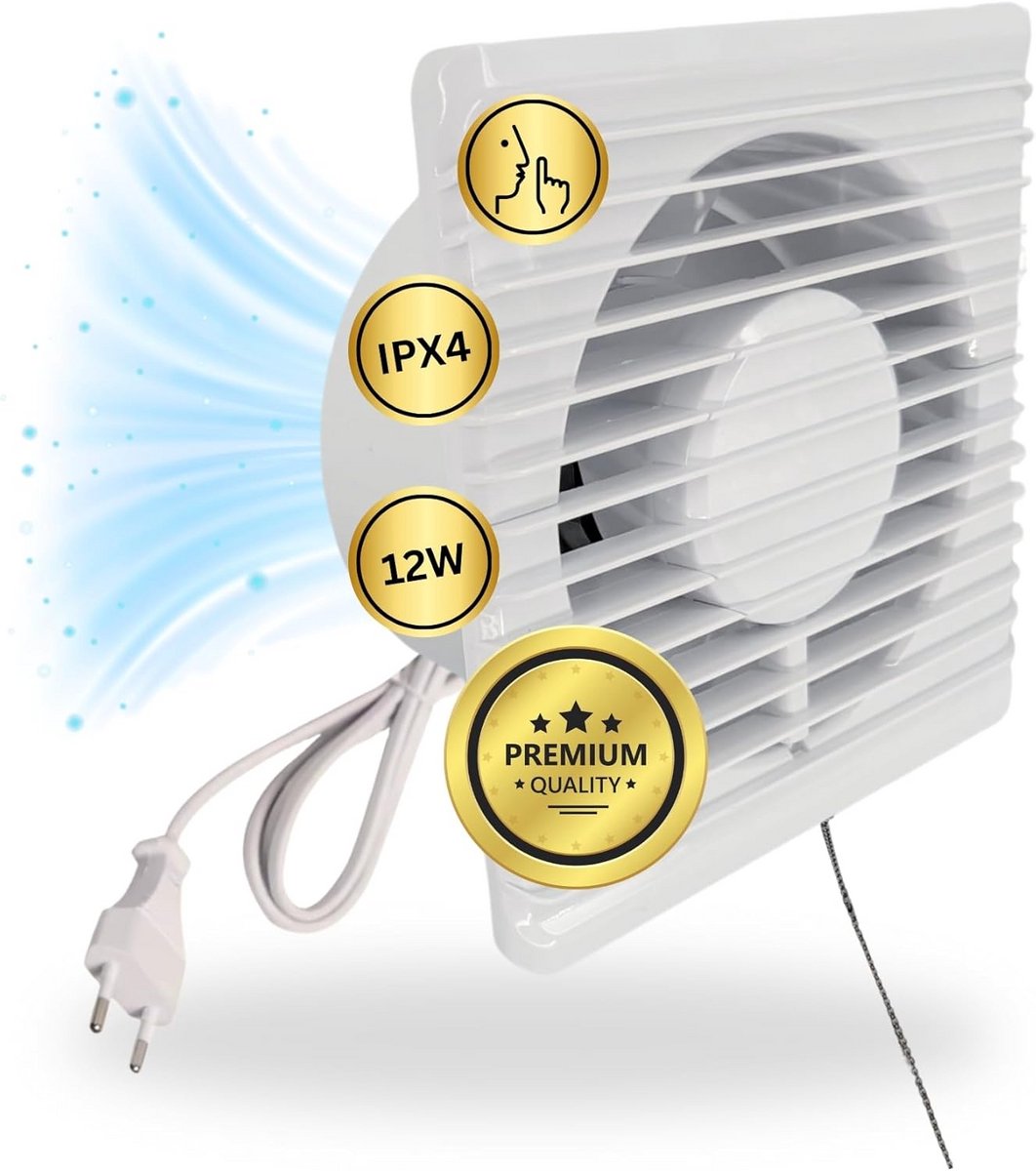 Badkamerventilator met kabel - Afzuigventilator - Ventilatie in huis - Spatwaterdicht IPX4