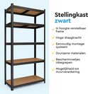 Zwarte stellingkast met 5 houten planken, verstelbaar frame, hoge draagkracht en beschermvoetjes.