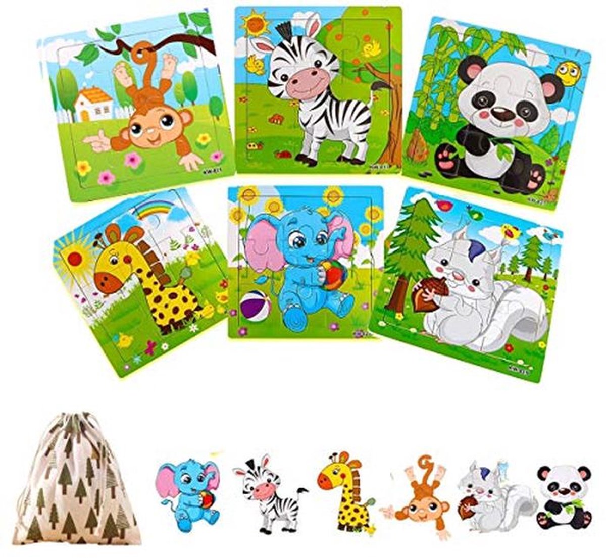 Houten Puzzels - Kinderspeelgoed - Leren Vormen - 6 Verschillende Dieren - 21 x 15 x 5 cm - Multicolor