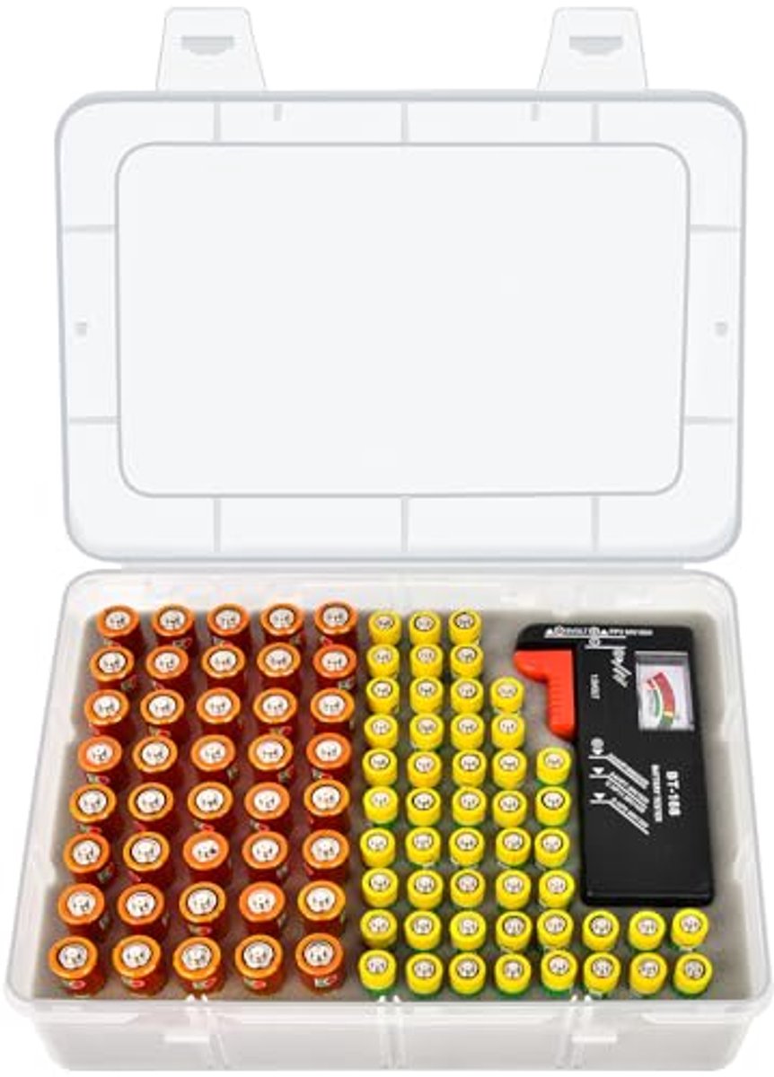 Batterijopbergdoos - Batterijhouder Organizer - Batterijen Sorteren - Inclusief Batterijtester - Voor 90 Batterijen - Transparant