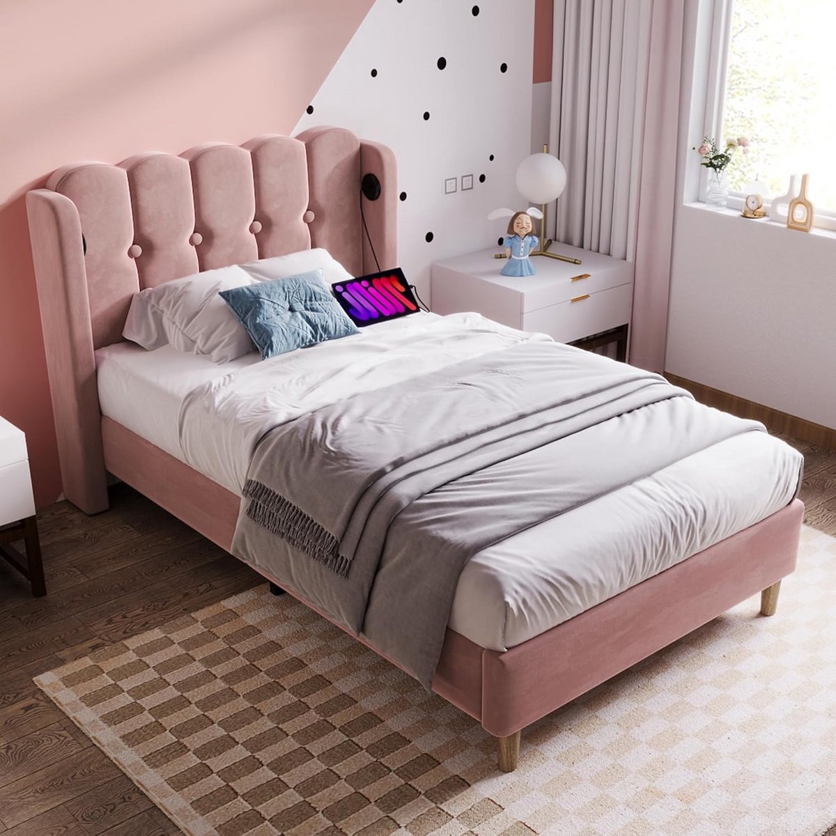 Gestoffeerd Bed - Linnen Bed - Slaapkamer Inrichting - Geïntegreerde USB-poort - 90 x 200 cm - Roze