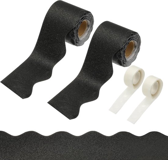 Set van 2 rollen zwarte, geschulpte randen en transparante plakstrips voor klasdecoratie.