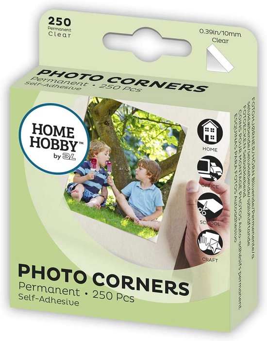 Emballage de coins photo Home Hobby avec une image de deux garçons, texte 'PHOTO CORNERS Permanent 250 Pcs'.