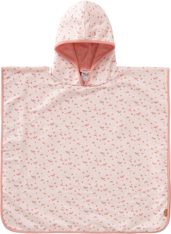 Poncho de bain rose avec imprimé papillons all-over et capuche.